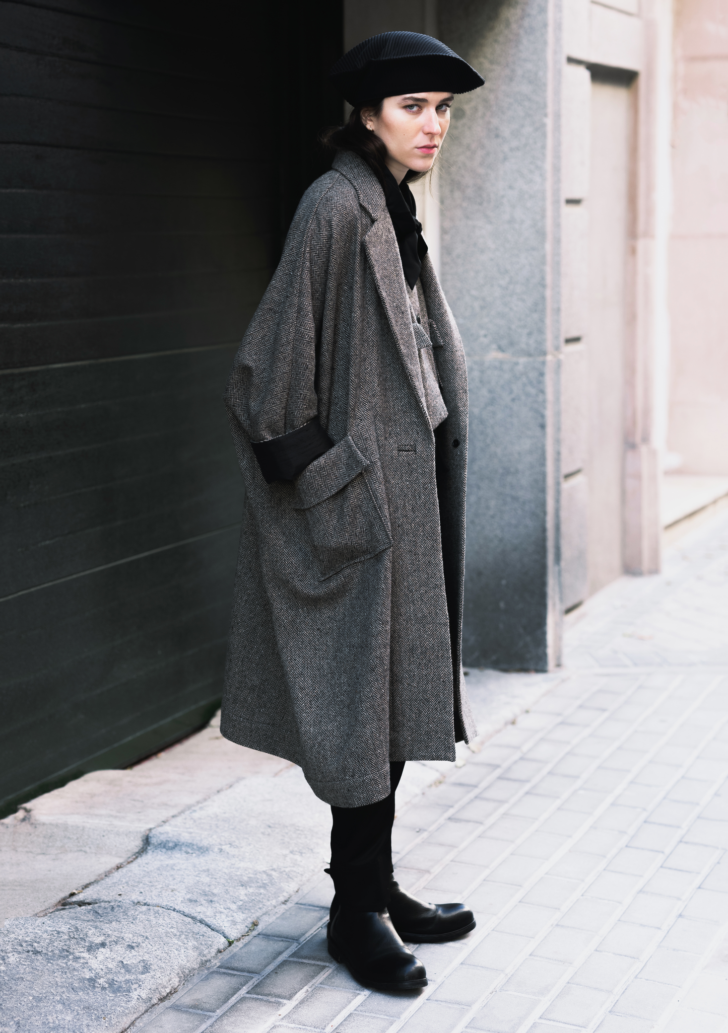 Oversized grey herringbone wool coat