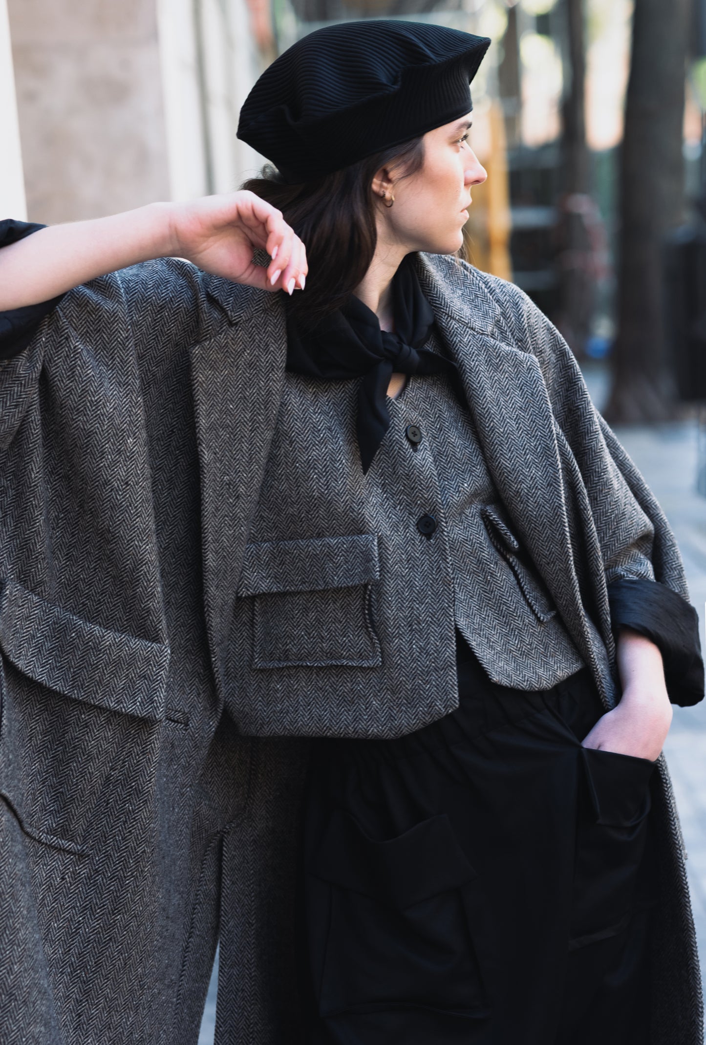 Oversized grey herringbone wool coat