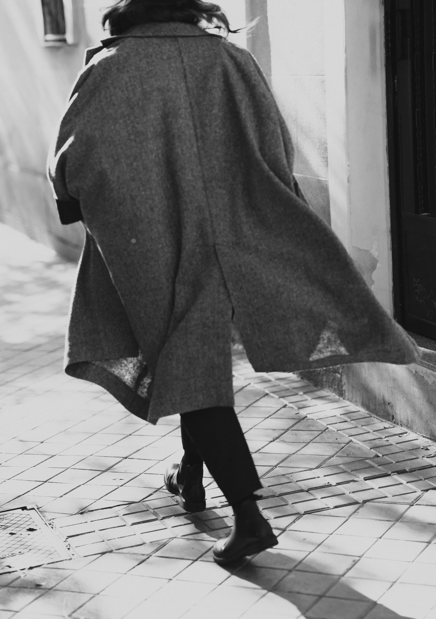 Oversized grey herringbone wool coat