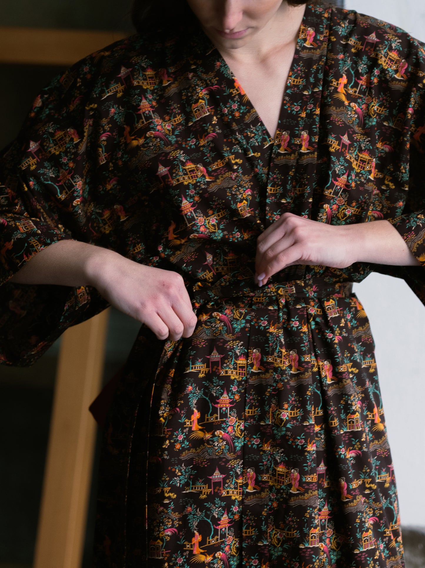 Liberty London fabric kimono with a bustle