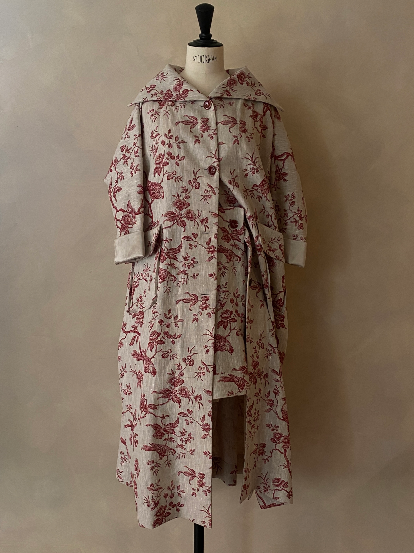 Red linen toile de jouy coat