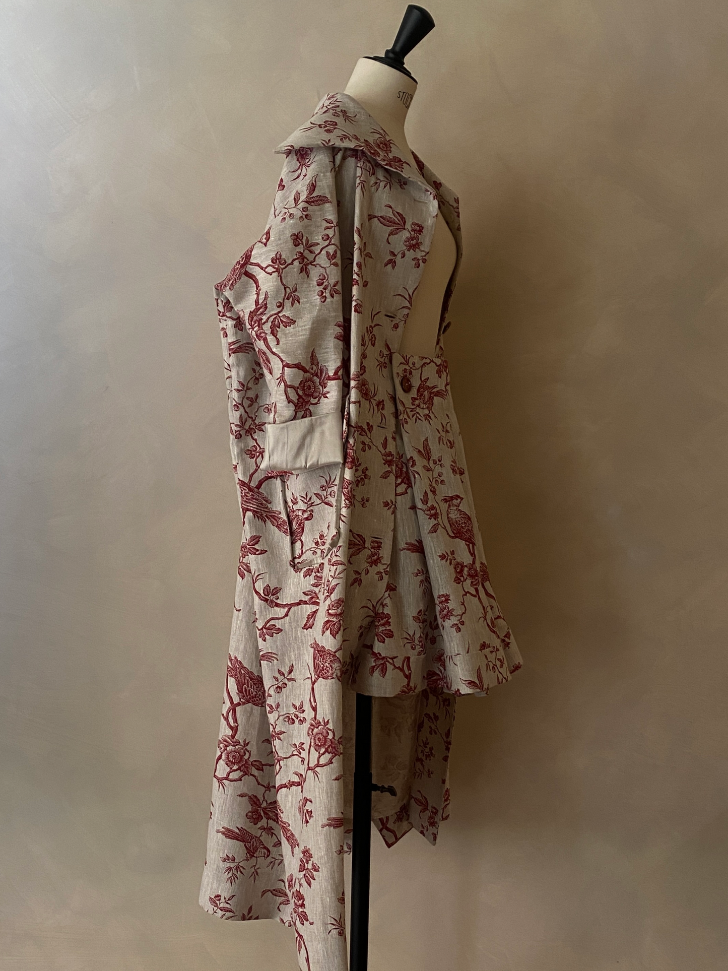 Red linen toile de jouy coat