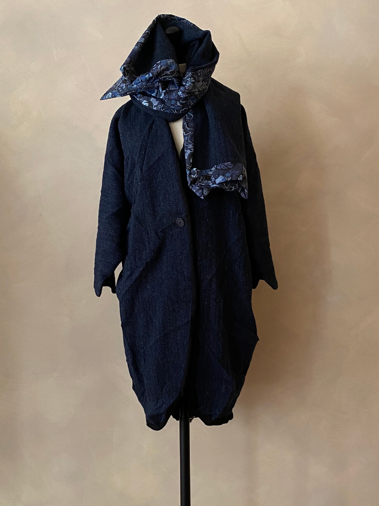 Blue herringbone Scottish tweed wool coat